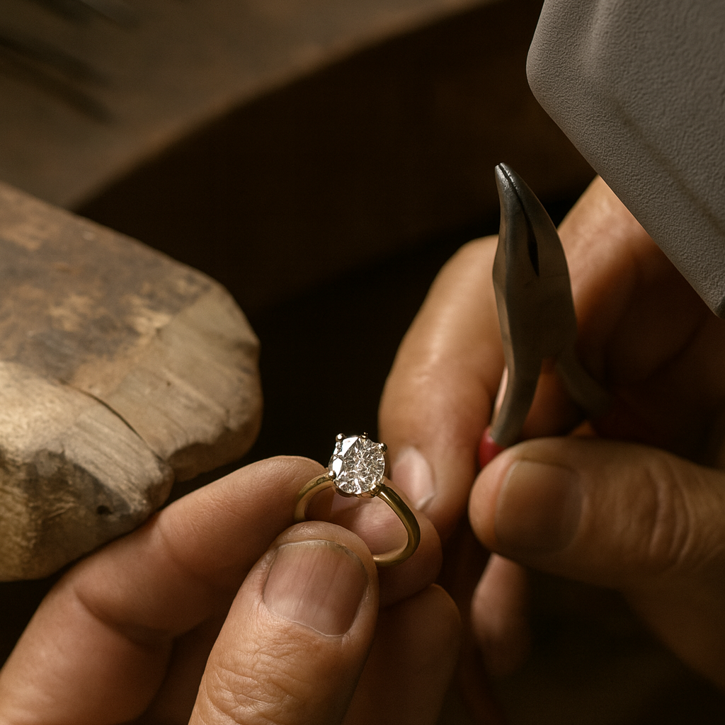 Jeweler holding a diamond ring with a tool in a workshop setting