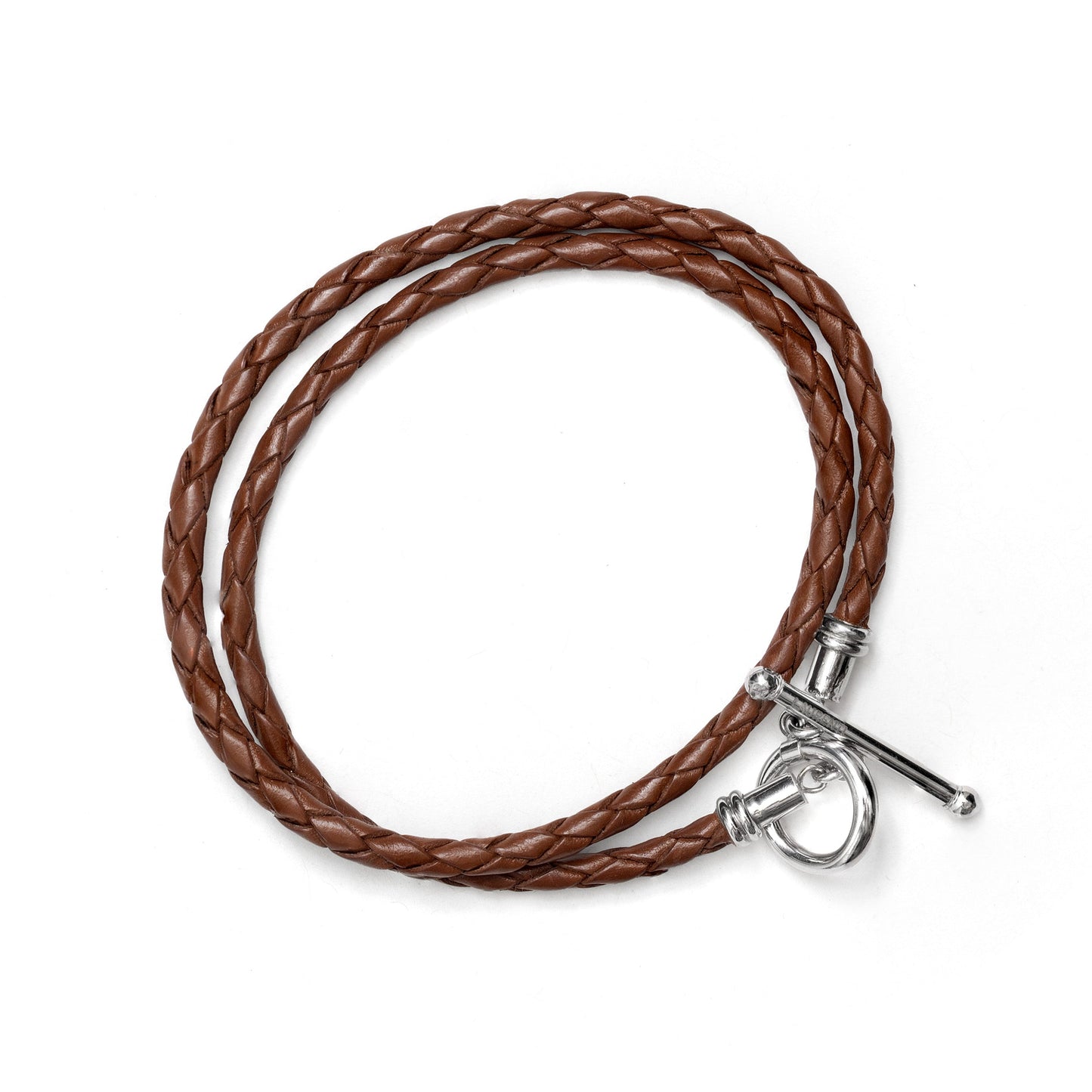 Brown braided leather bracelet with a white gold clasp on a white background