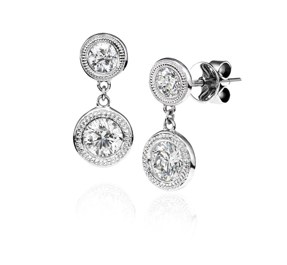 14K gold short drop earrings with bezel-set round diamonds and milgrain accents by Laurenti New York