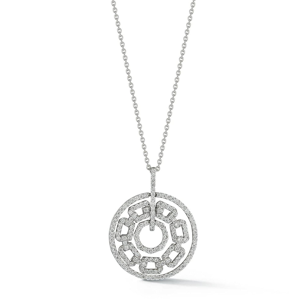 Diamond medallion pendant necklace in 18k white gold with 0.98 carats of pavé-set diamonds in a circular openwork link design.