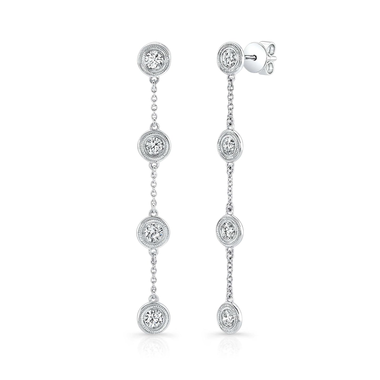 14K white gold drop earrings with five bezel-set round diamonds and milgrain details by Laurenti New York