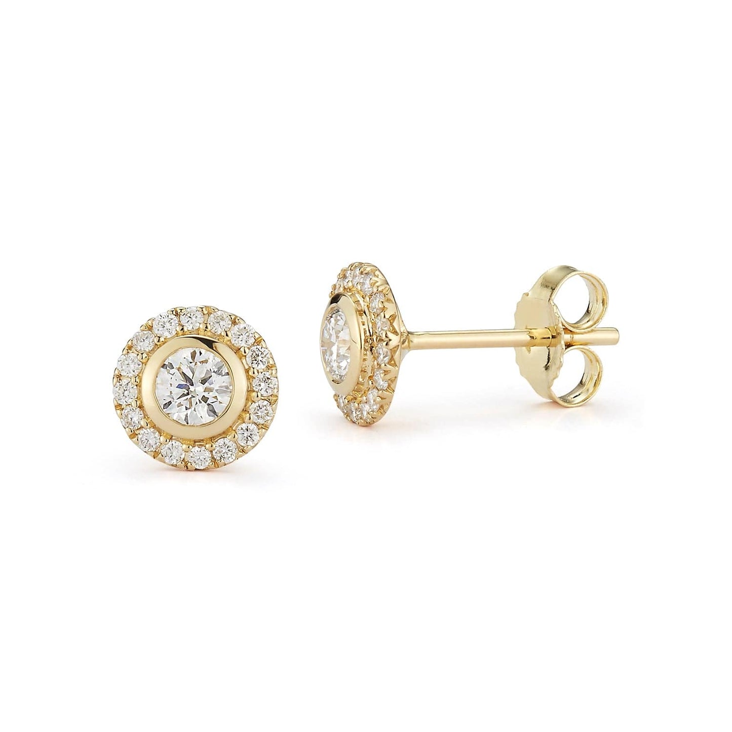 14K yellow gold diamond halo stud earrings with 0.50ct natural diamonds by Laurenti New York