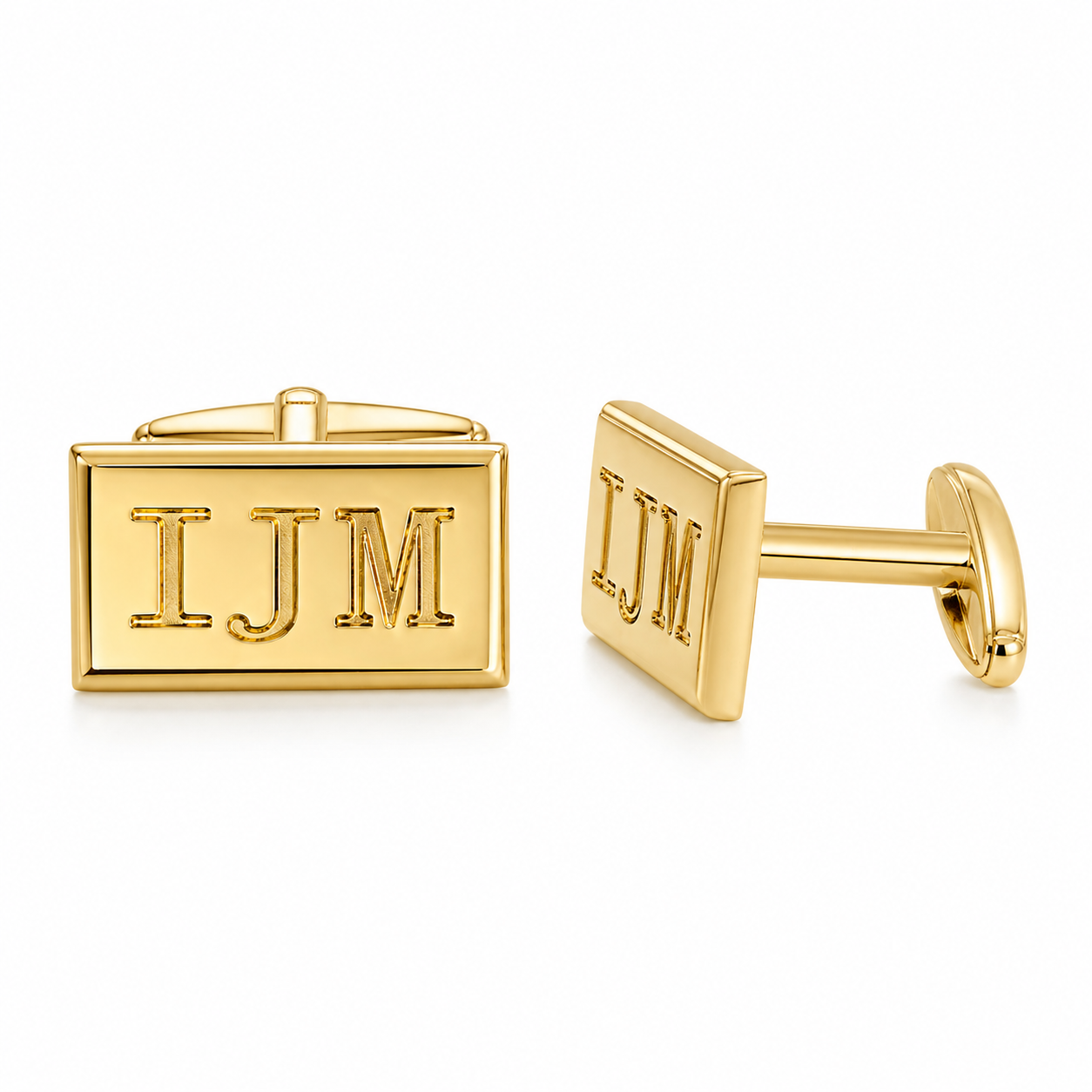 Sterling silver rectangular cufflinks with blank engraving surface on white background, one front-facing and one side view