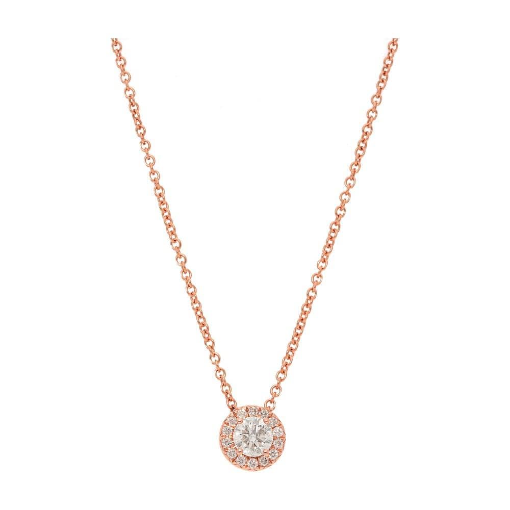 Diamond halo pendant necklace in 14k rose gold featuring round center stone and pavé-set accents by Laurenti New York