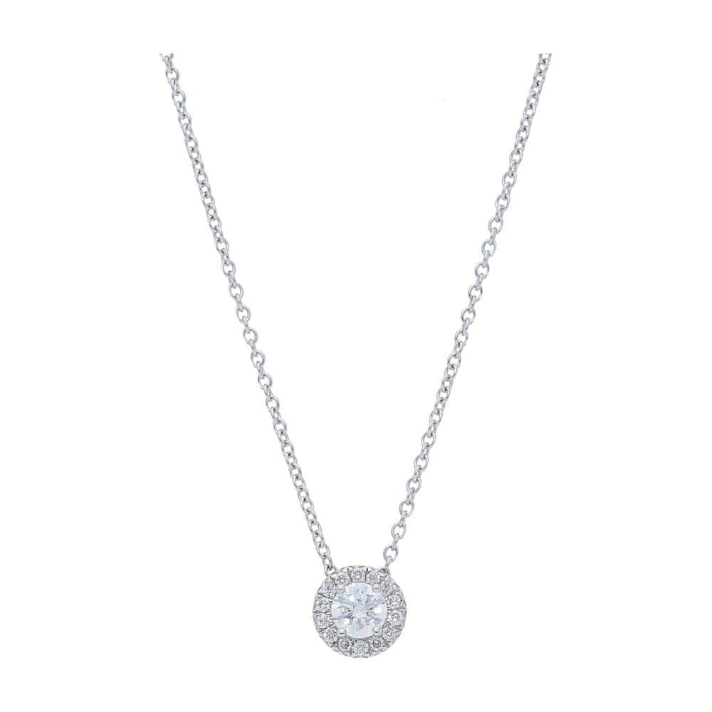 Diamond halo pendant necklace in 14k white gold featuring round center stone and pavé-set accents by Laurenti New York