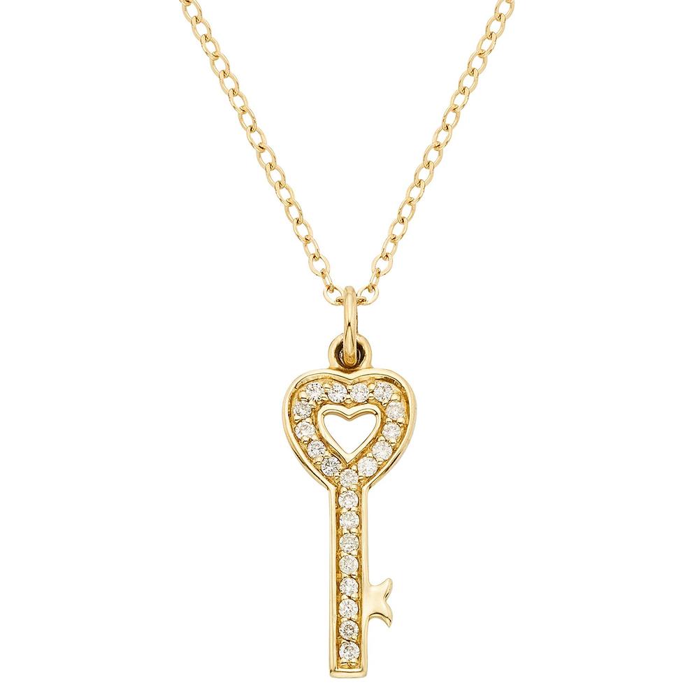 Laurenti’s 14k yellow gold key necklace with heart-shaped detail and pavé diamonds, suspended on a delicate chain.