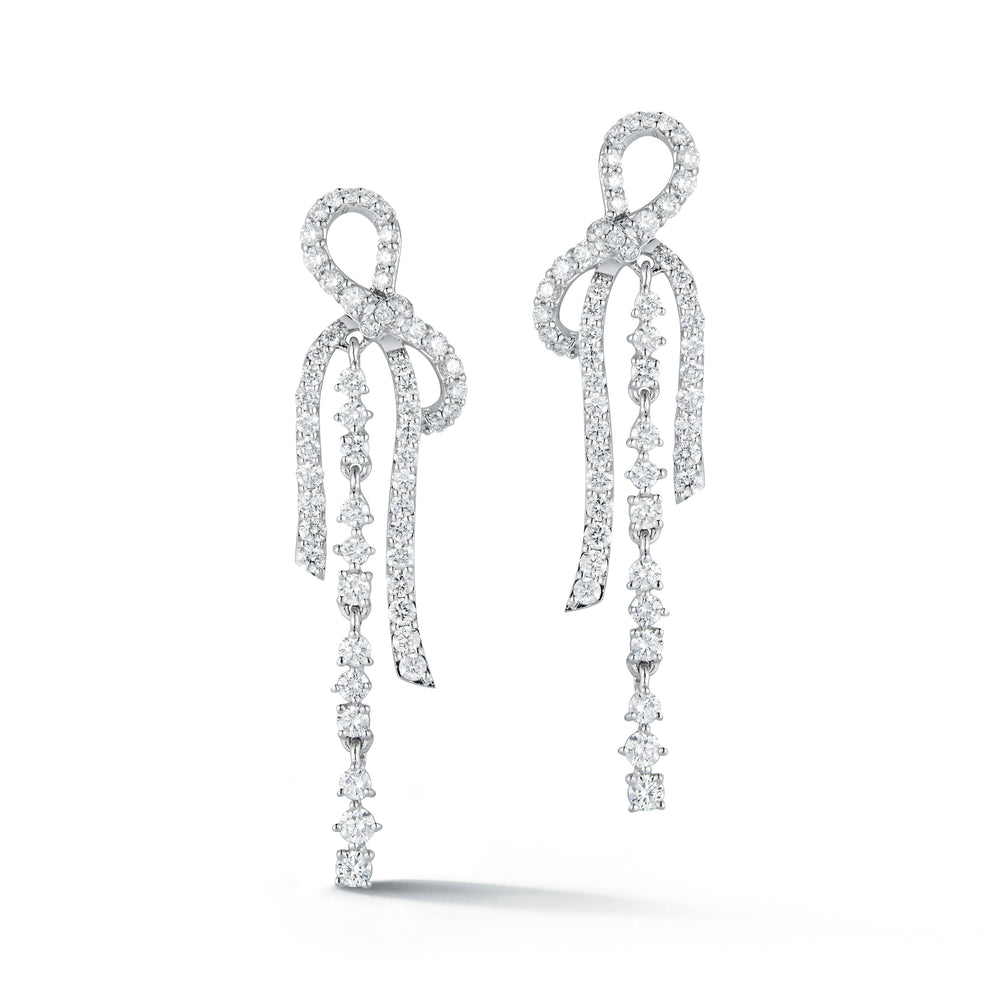 14K white gold diamond drop earrings with bow motif and 1.55ct of natural diamonds by Laurenti New York