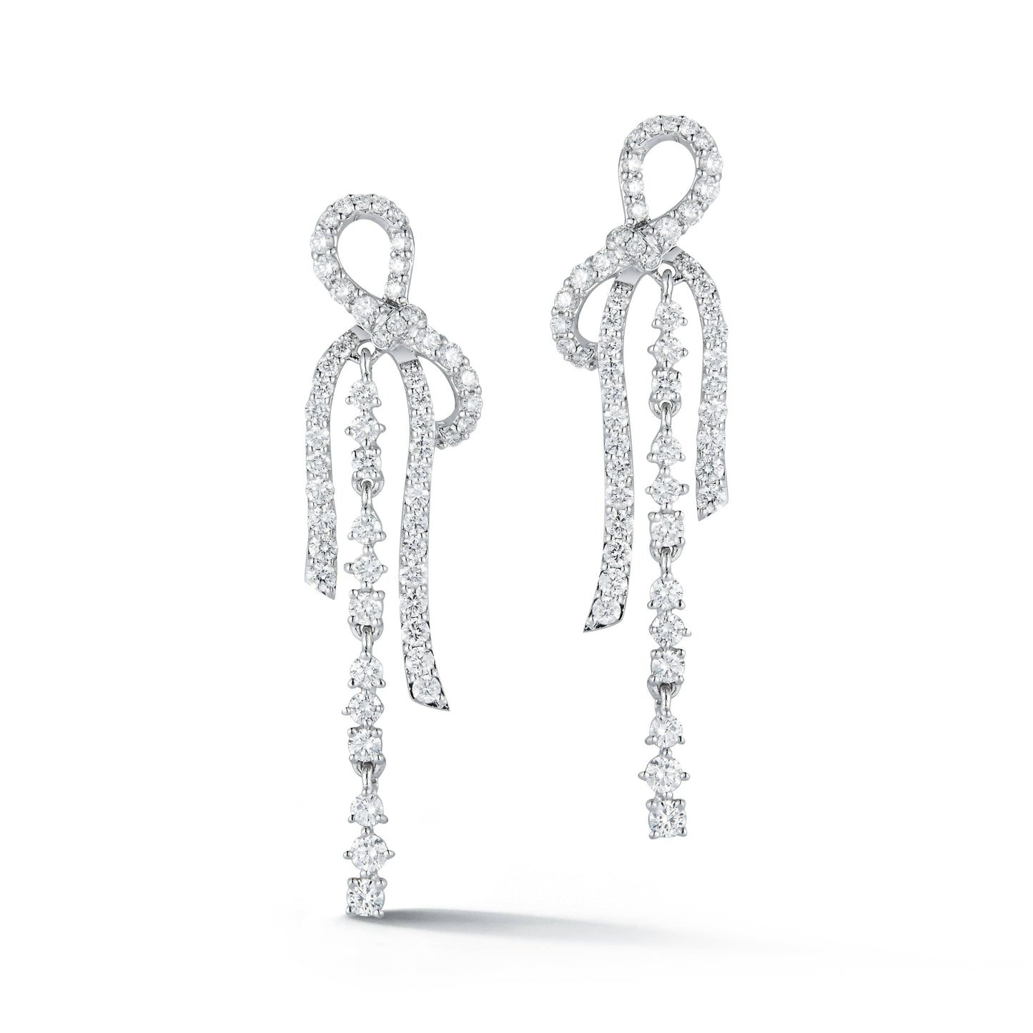 14K white gold diamond drop earrings with bow motif and 1.55ct of natural diamonds by Laurenti New York