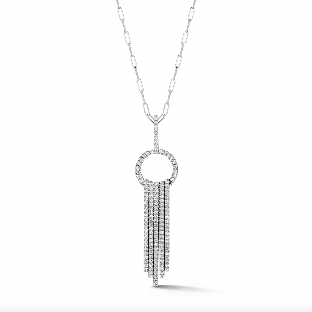 14K white gold empire diamond cascade pendant necklace with 0.84 carats of diamonds on a paperclip chain by Laurenti New York