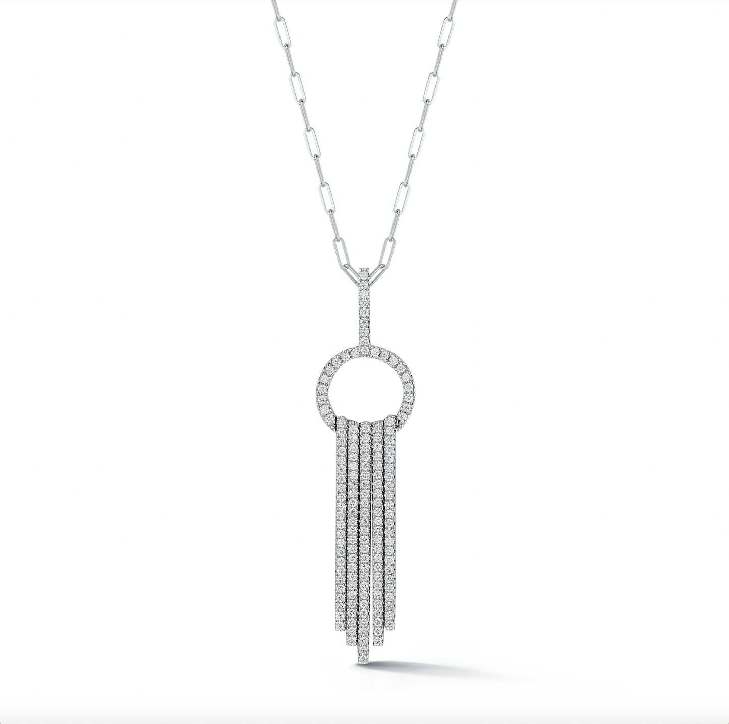 14K white gold empire diamond cascade pendant necklace with 0.84 carats of diamonds on a paperclip chain by Laurenti New York