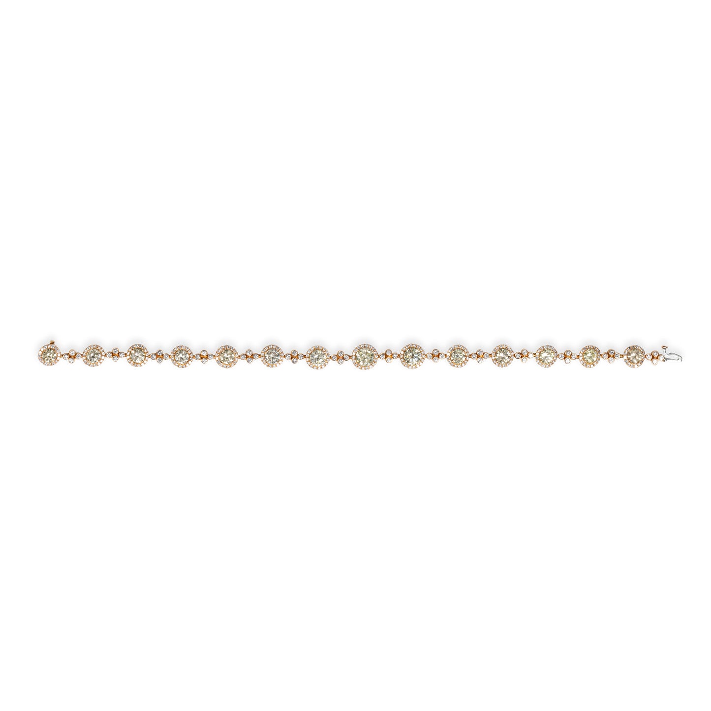 Fancy light yellowish-green diamond bracelet with pink diamond halos set in 18k rose gold