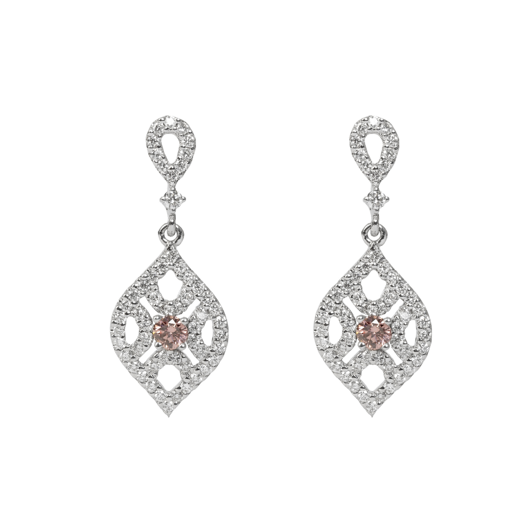 Fancy pink diamond drop earrings in 18k white gold with pavé diamond detailing – Laurenti New York
