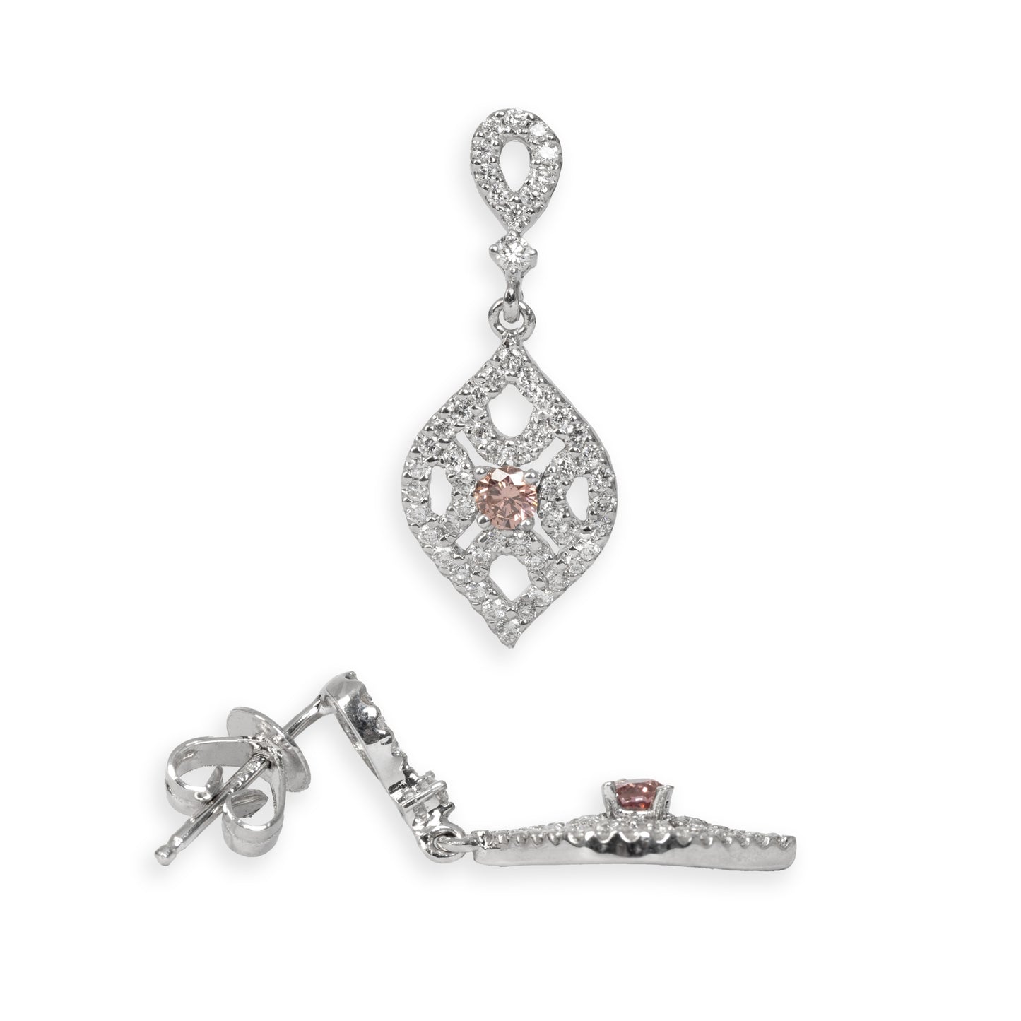 Fancy pink diamond drop earrings in 18k white gold with pavé diamond detailing – Laurenti New York