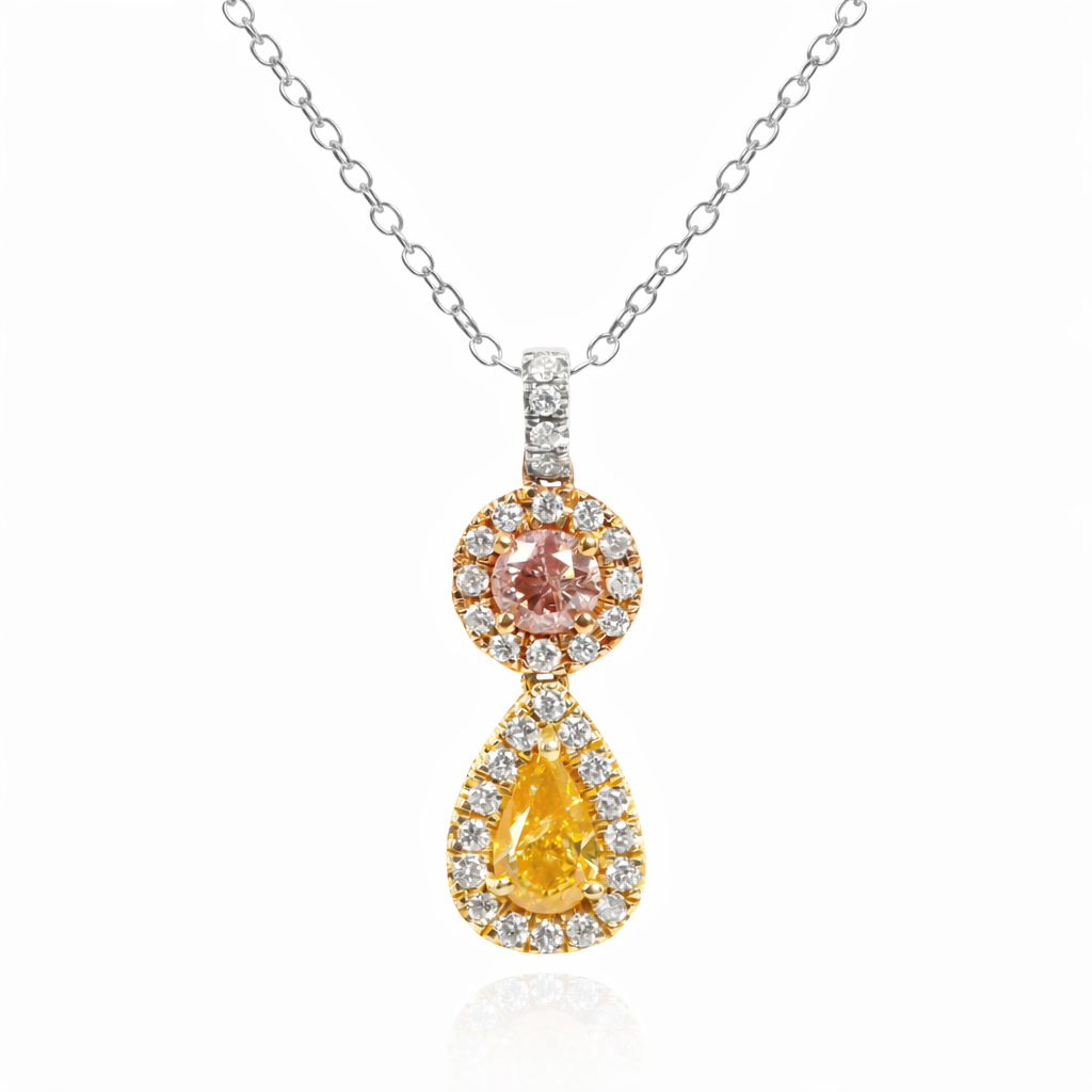 Fancy brownish pink and orange yellow diamond pendant necklace with white diamond halo in 18k gold