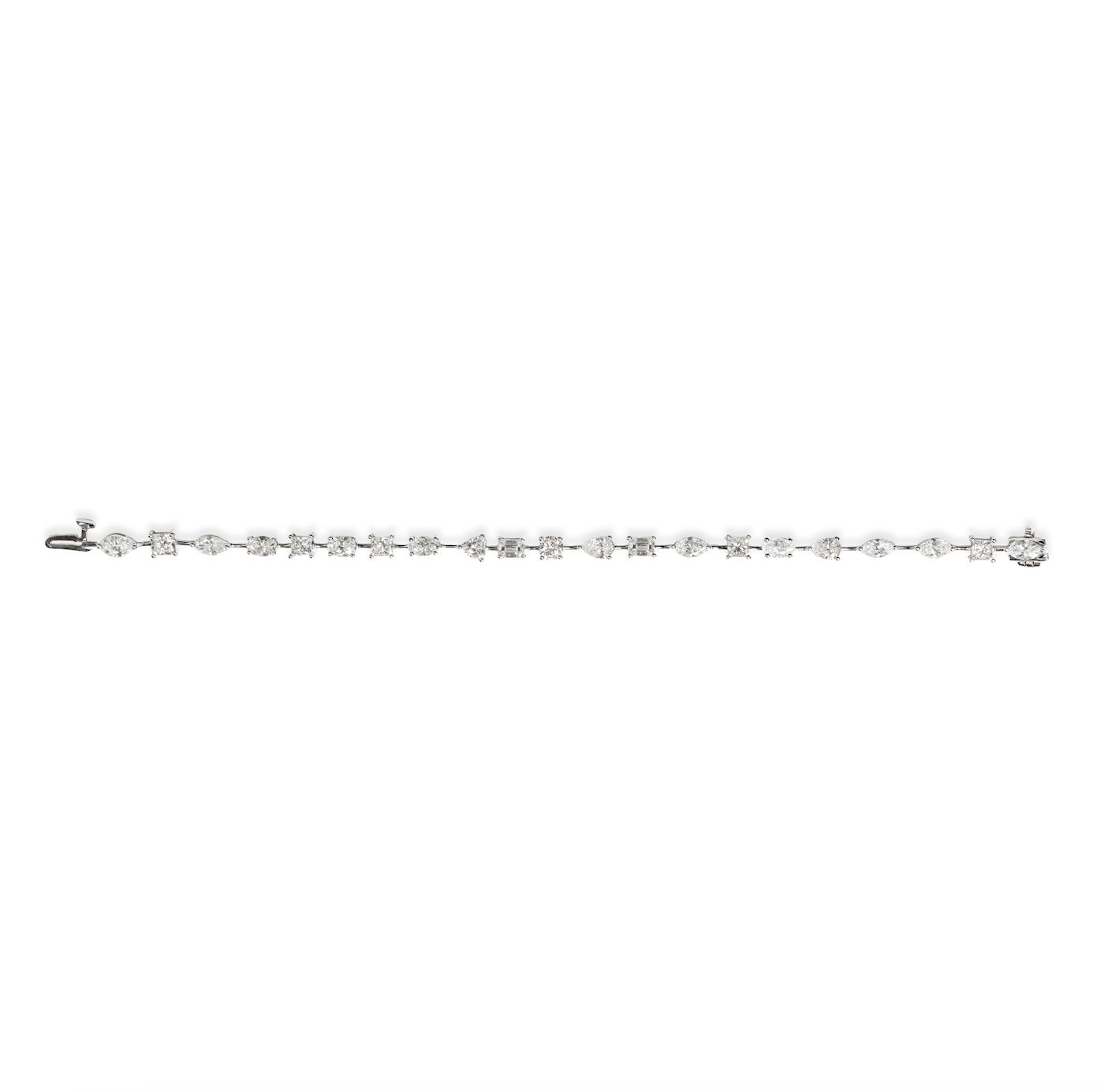 fancy shape diamond tennis bracelet with pear oval emerald cushion and marquise diamonds in 18k white gold