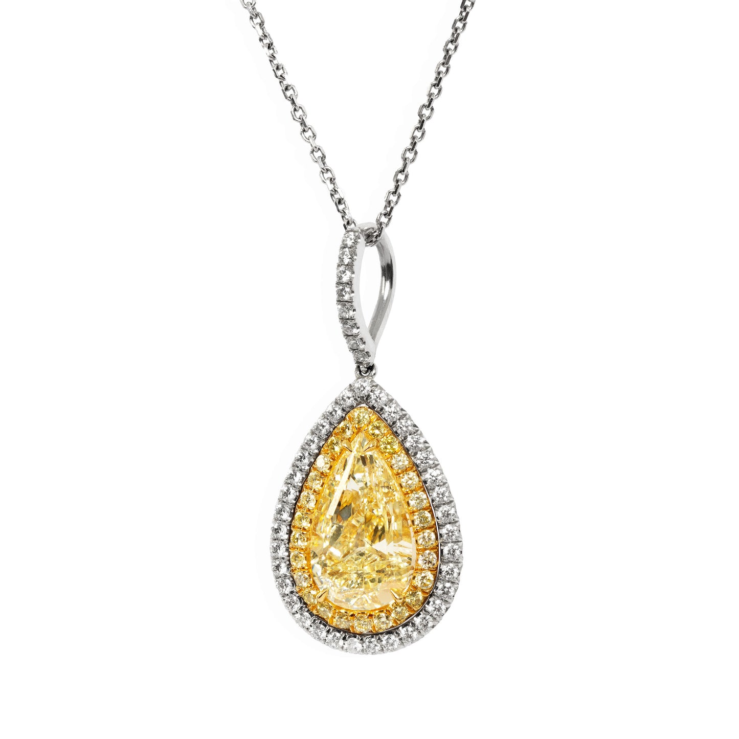 3.30 carat fancy yellow pear shape diamond pendant necklace with yellow and white diamond halo