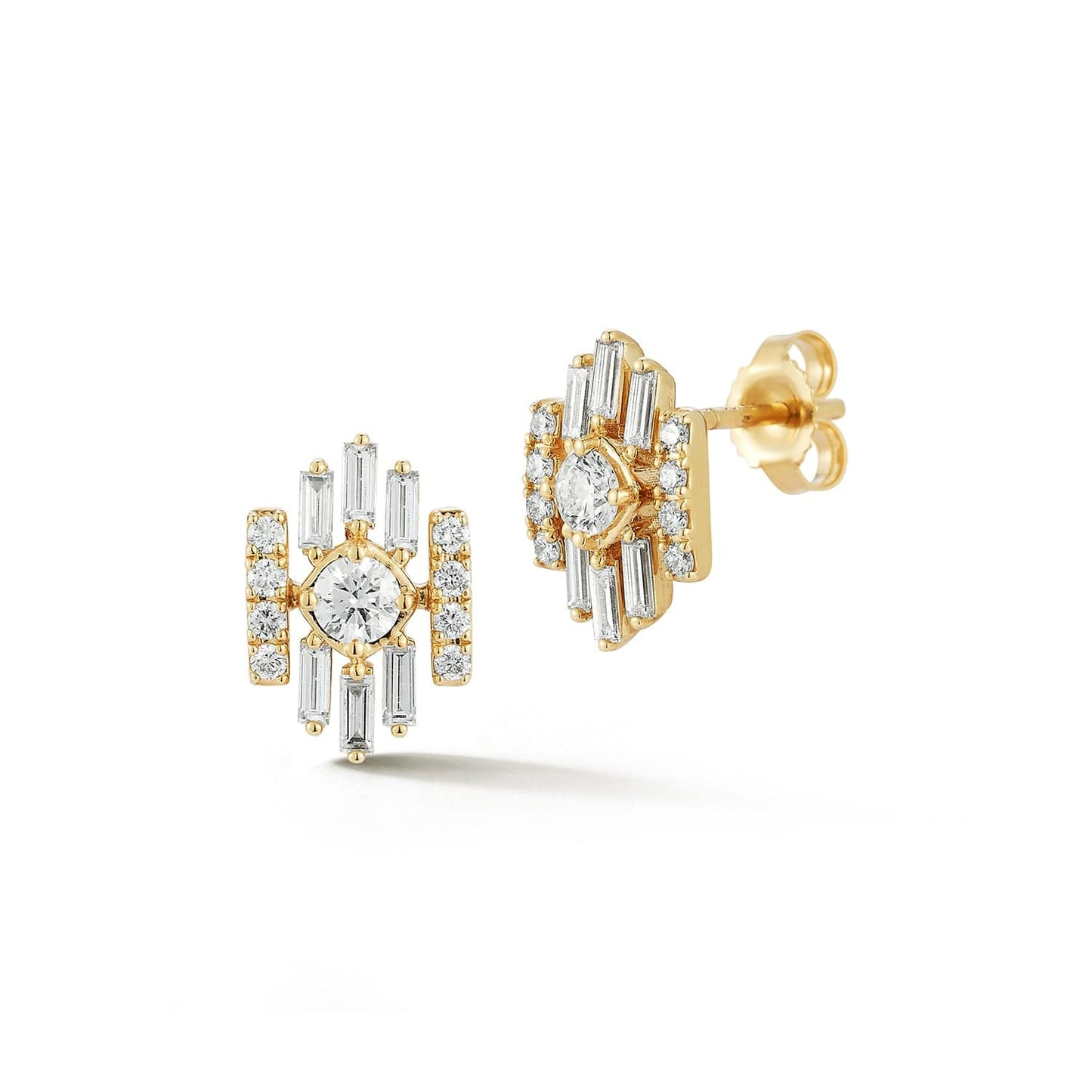 14K yellow gold Gatsby diamond stud earrings with 0.50 carats of round and baguette diamonds by Laurenti New York