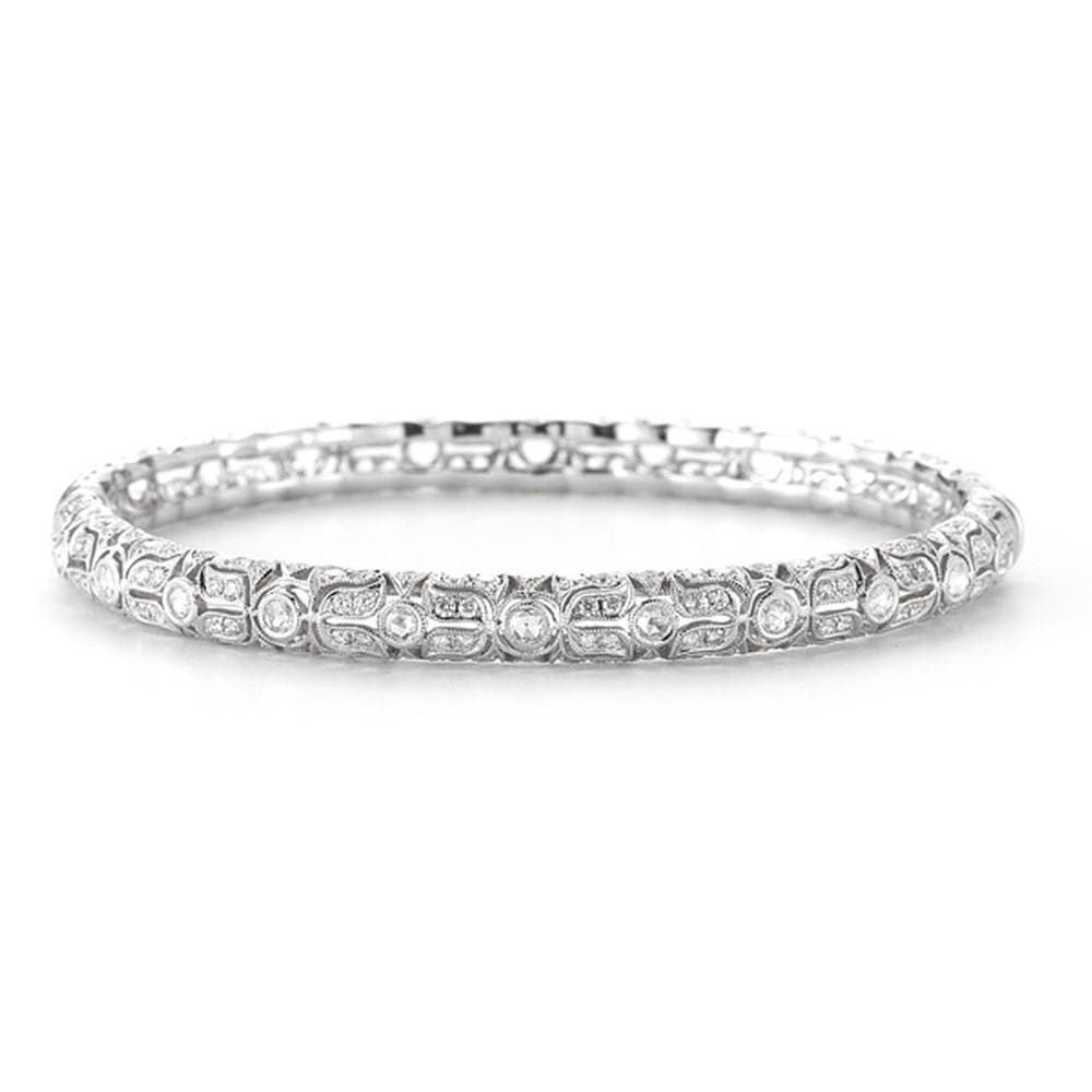 14K white gold diamond cuff bracelet with 2.32 carats of natural diamonds and intricate vintage-inspired detailing by Laurenti New York