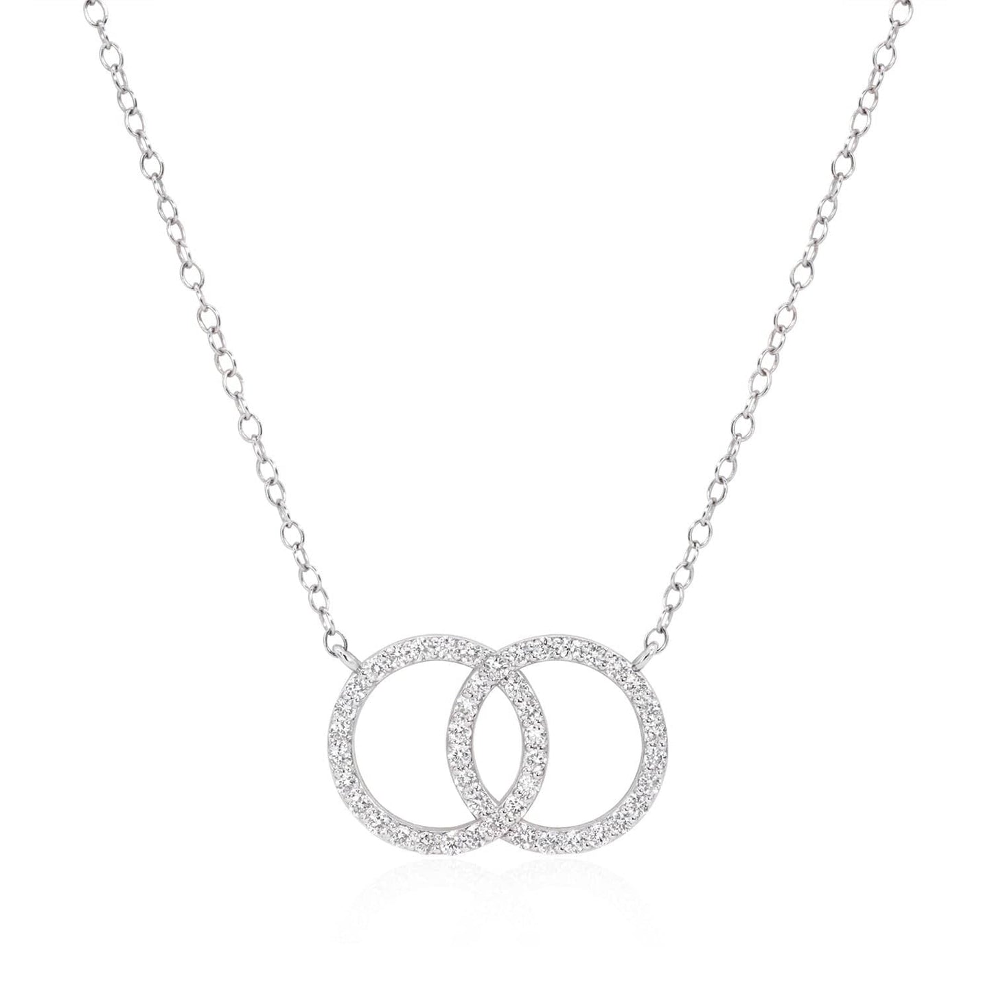 Interlocking pavé diamond circle pendant necklace in 14k white gold on cable chain
