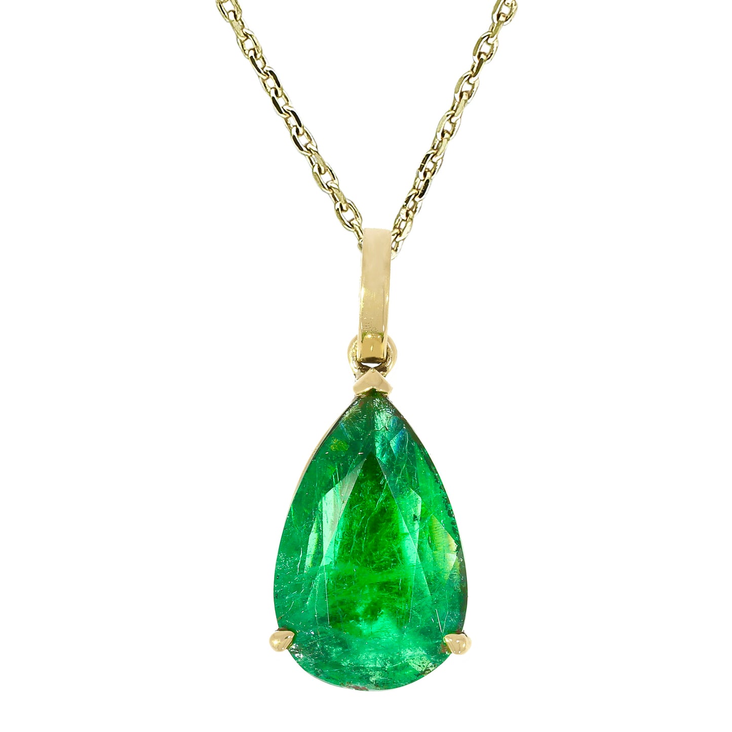Gold necklace with a green teardrop-shaped gemstone on a white background