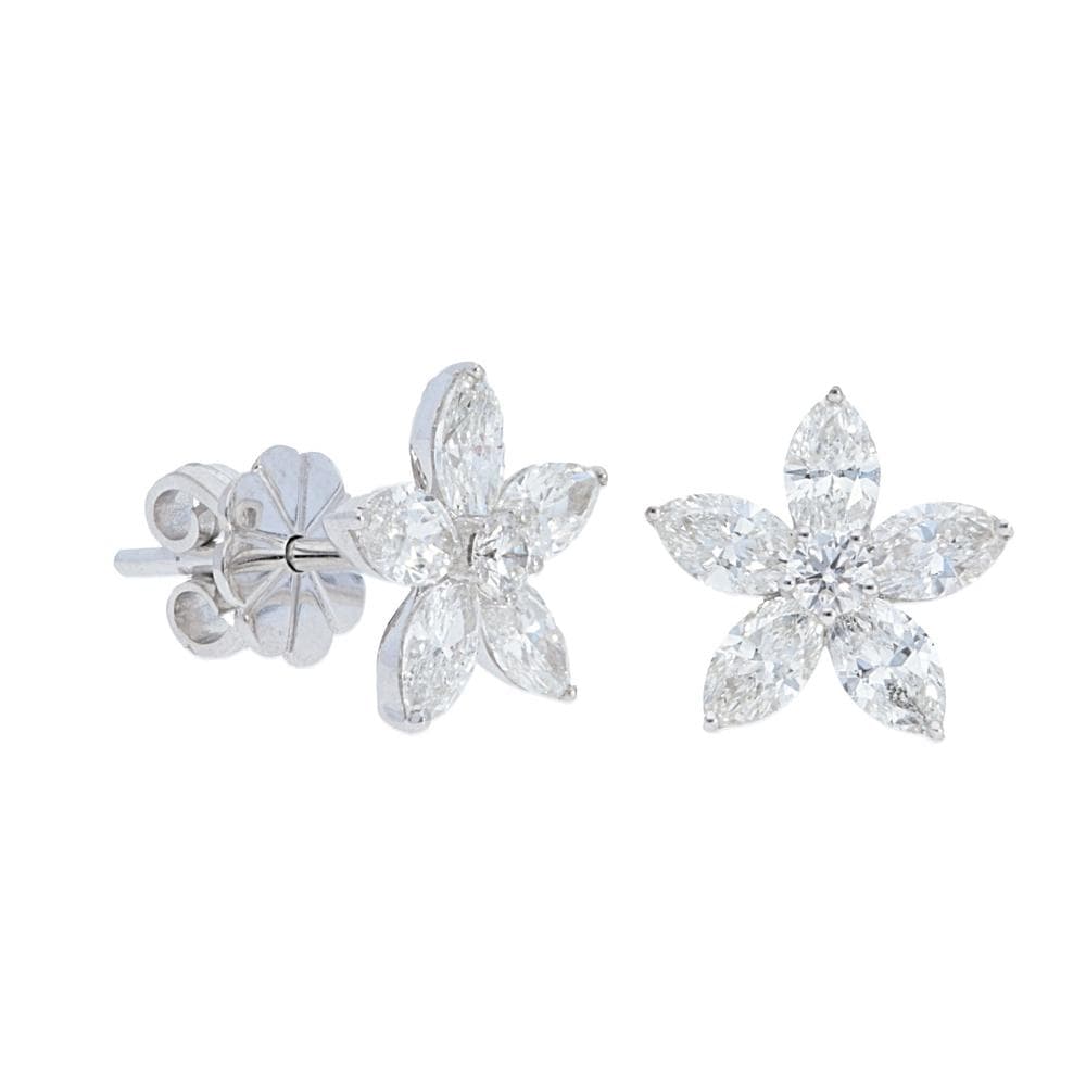 Close-up of Laurenti’s Blossom Marquise Diamond Star Studs in 18k white gold, featuring six marquise-cut diamonds arranged in a floral star design.