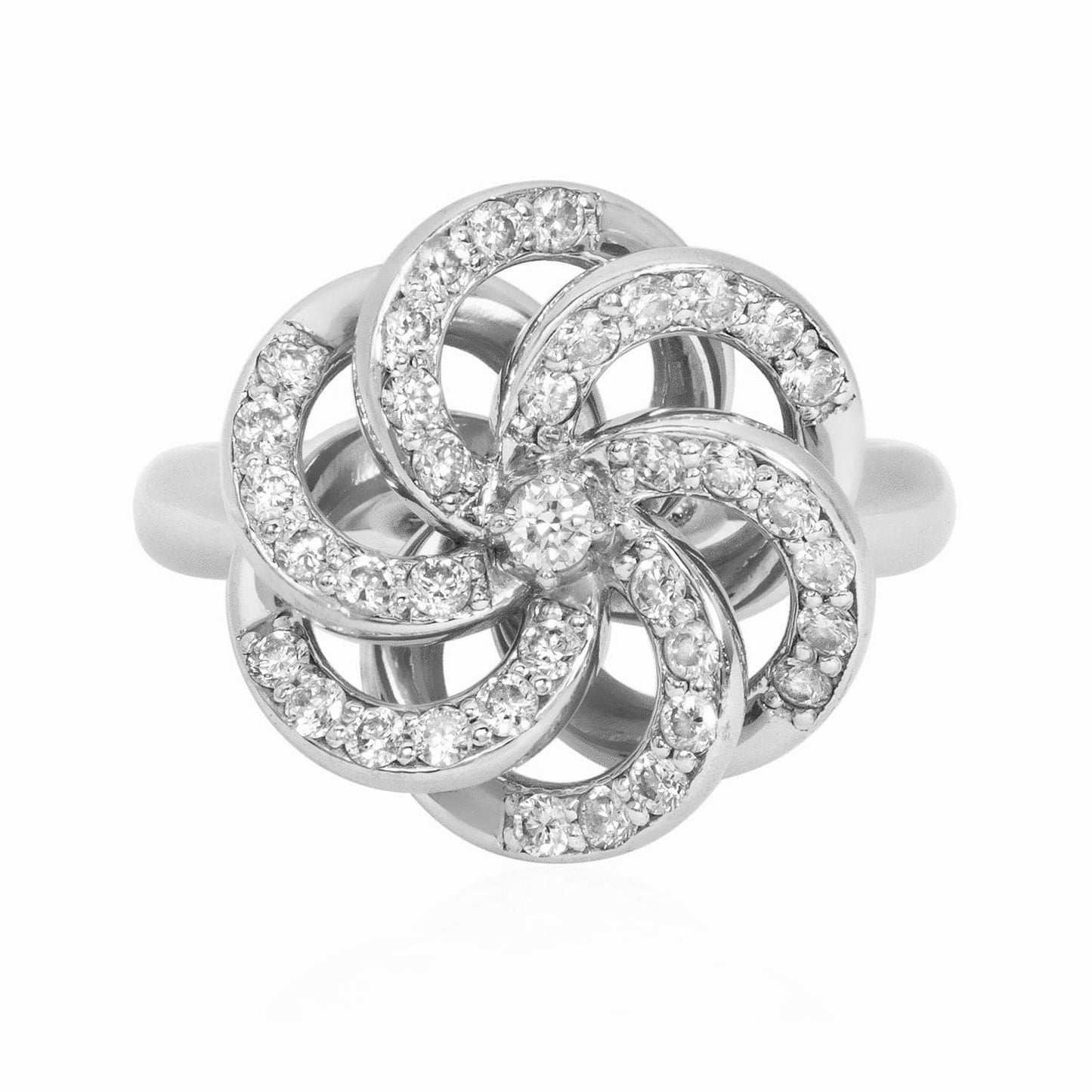 Top view of Laurenti Camellia Diamond Cocktail Ring in 14k White Gold, featuring a sculptural camellia flower design with pavé-set diamonds.