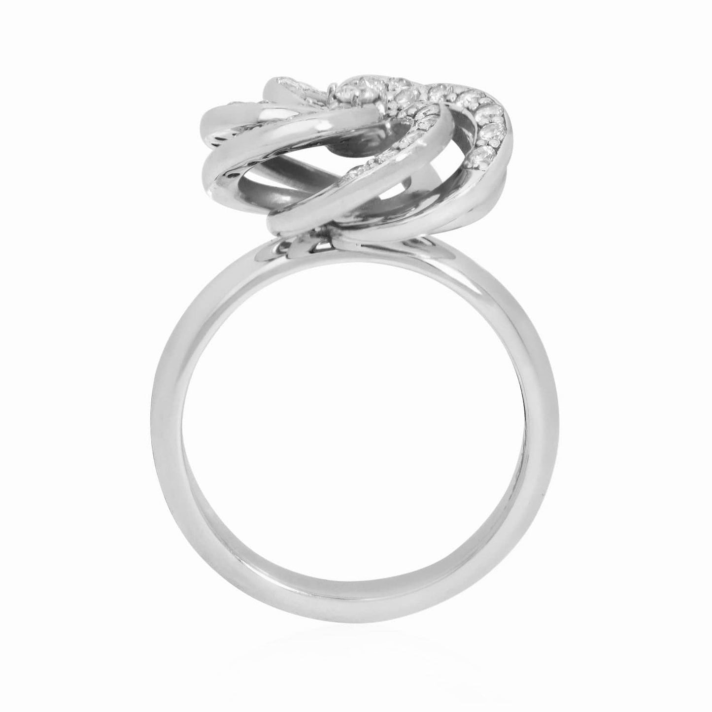 Side profile of Laurenti Camellia Diamond Cocktail Ring showcasing the dimensional petal design and polished 14k white gold band.