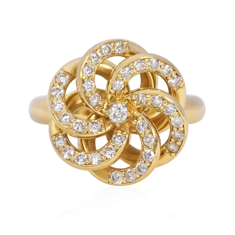 
                  
                    Top view of Laurenti Camellia Diamond Cocktail Ring in 14k Yellow Gold, featuring a sculptural camellia flower design with pavé-set diamonds.
                  
                