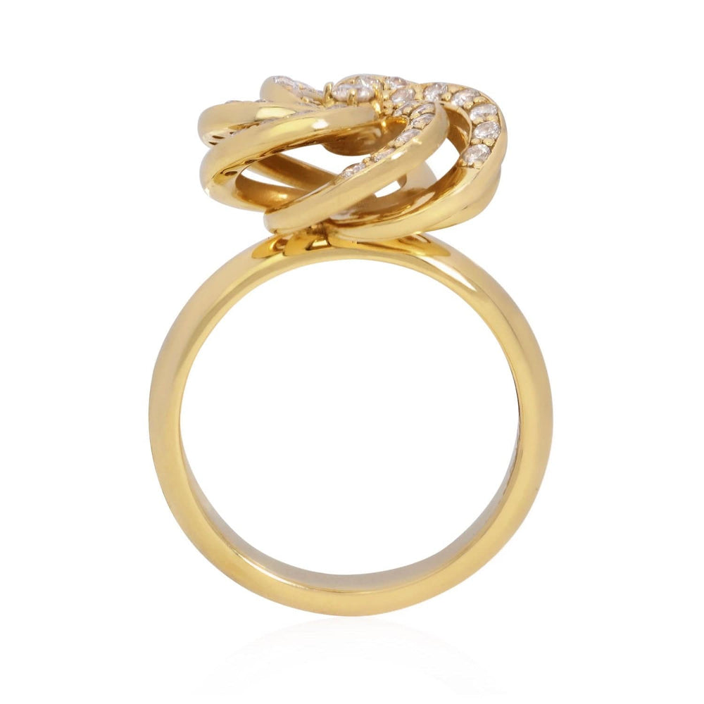 
                  
                    Side profile of Laurenti Camellia Diamond Cocktail Ring showcasing the dimensional petal design and polished 14k yellow gold band.
                  
                