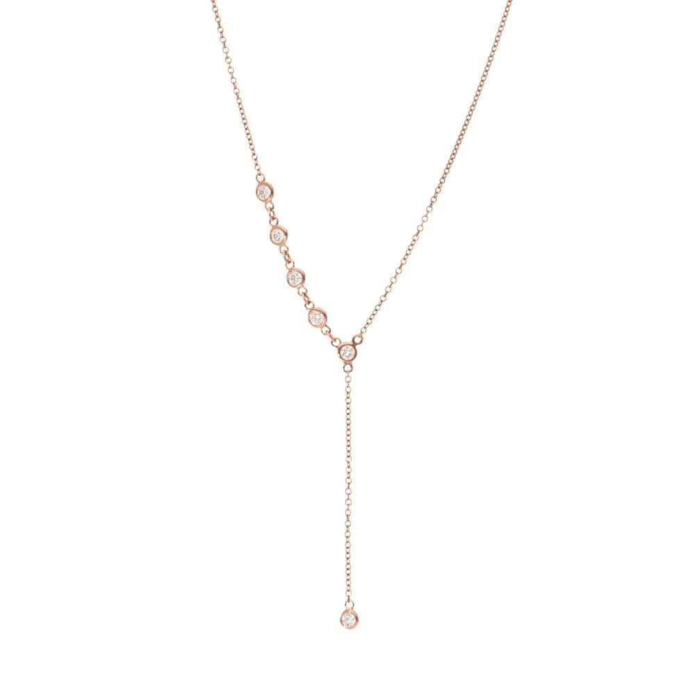 Laurenti 14k rose gold lariat necklace with bezel-set diamonds in a drop design.