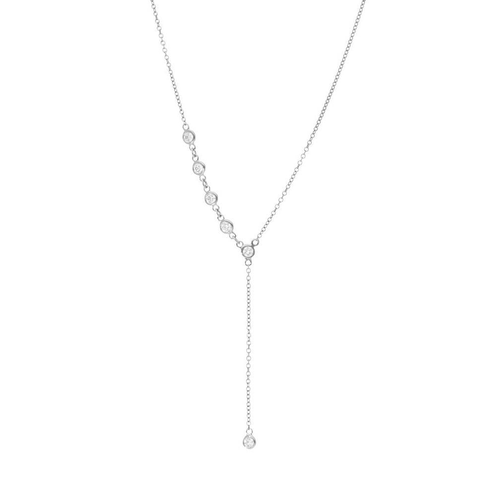 Laurenti 14k white gold lariat necklace with bezel-set diamonds in a drop design.