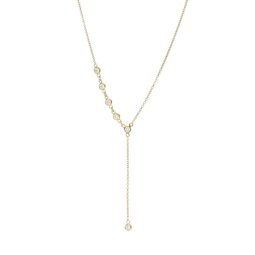 Laurenti 14k yellow gold lariat necklace with bezel-set diamonds in a drop design.