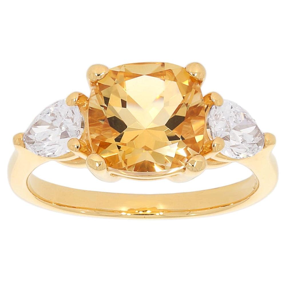 Luxury three-stone citrine and diamond ring handcrafted in 14k yellow gold by Laurenti, with natural or lab-grown diamond options.