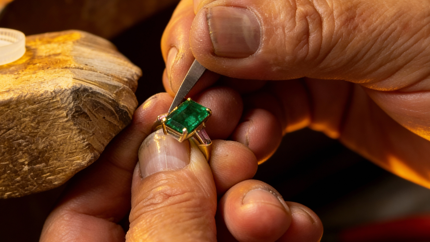 Close-up of a jeweler hand holding a ring with an emerald stone, with a blurred background.