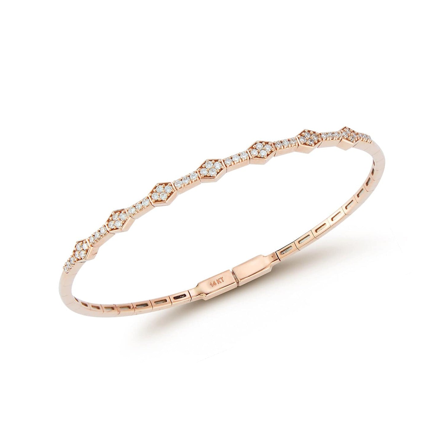 14k rose gold hexagon diamond bangle bracelet by Laurenti New York featuring pavé-set diamonds and a sleek snap closure.