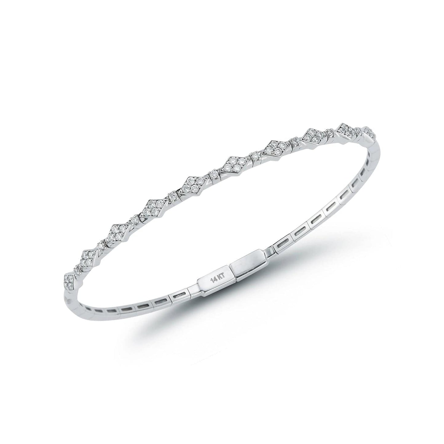 14k white gold diamond bangle bracelet by Laurenti New York featuring pavé kite motifs and a secure snap closure.
