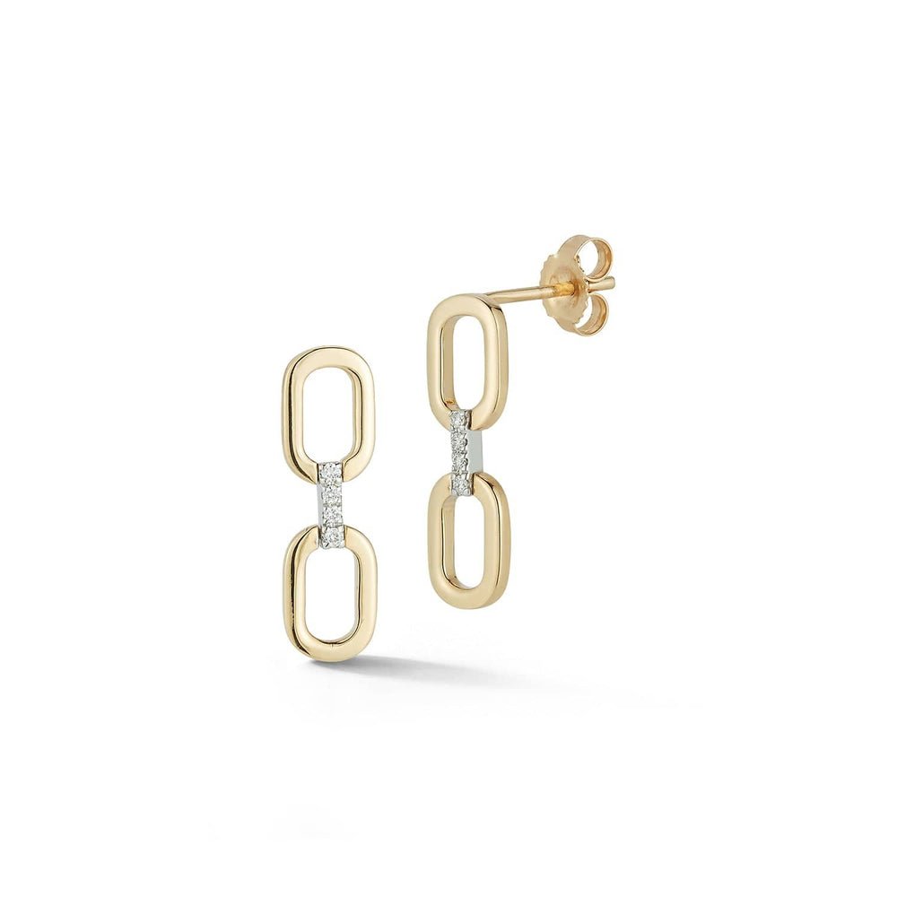 Editorial-style image of Laurenti 14K yellow gold drop earrings with oval links and pavé diamond connector.