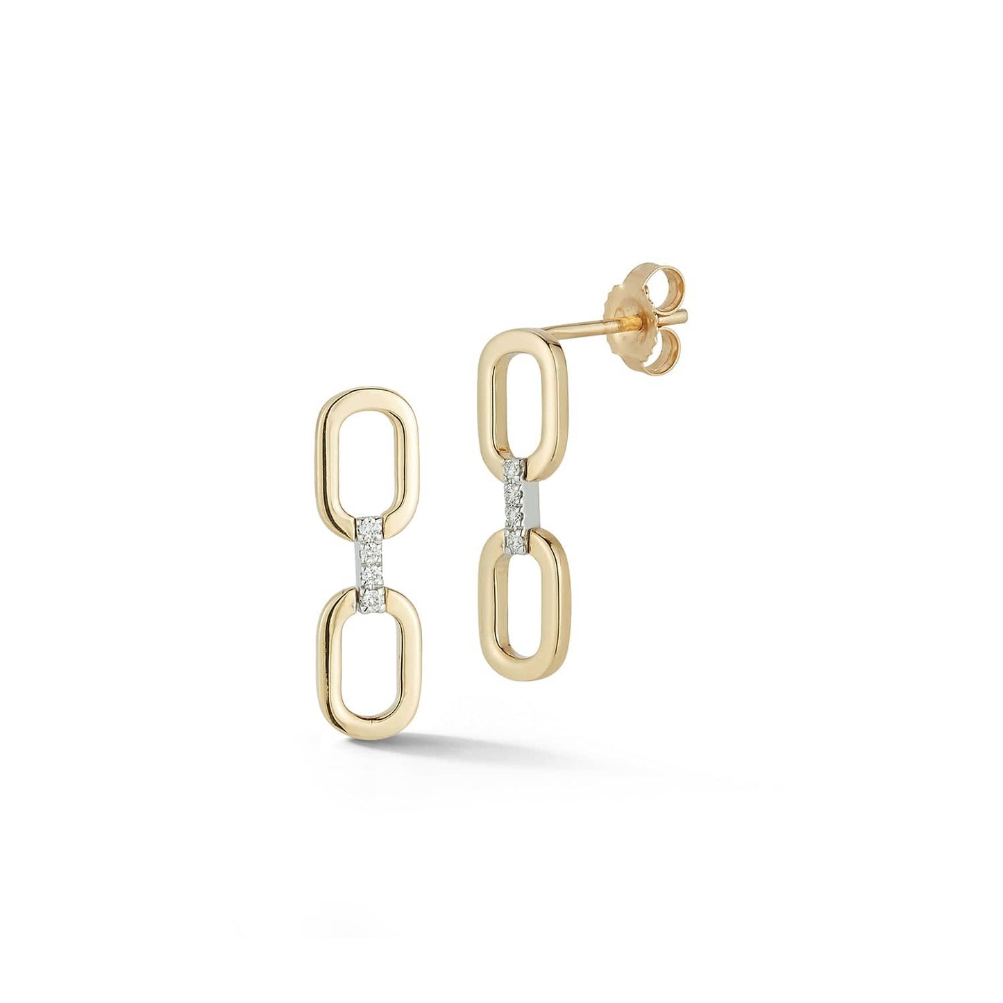 Editorial-style image of Laurenti 14K yellow gold drop earrings with oval links and pavé diamond connector.