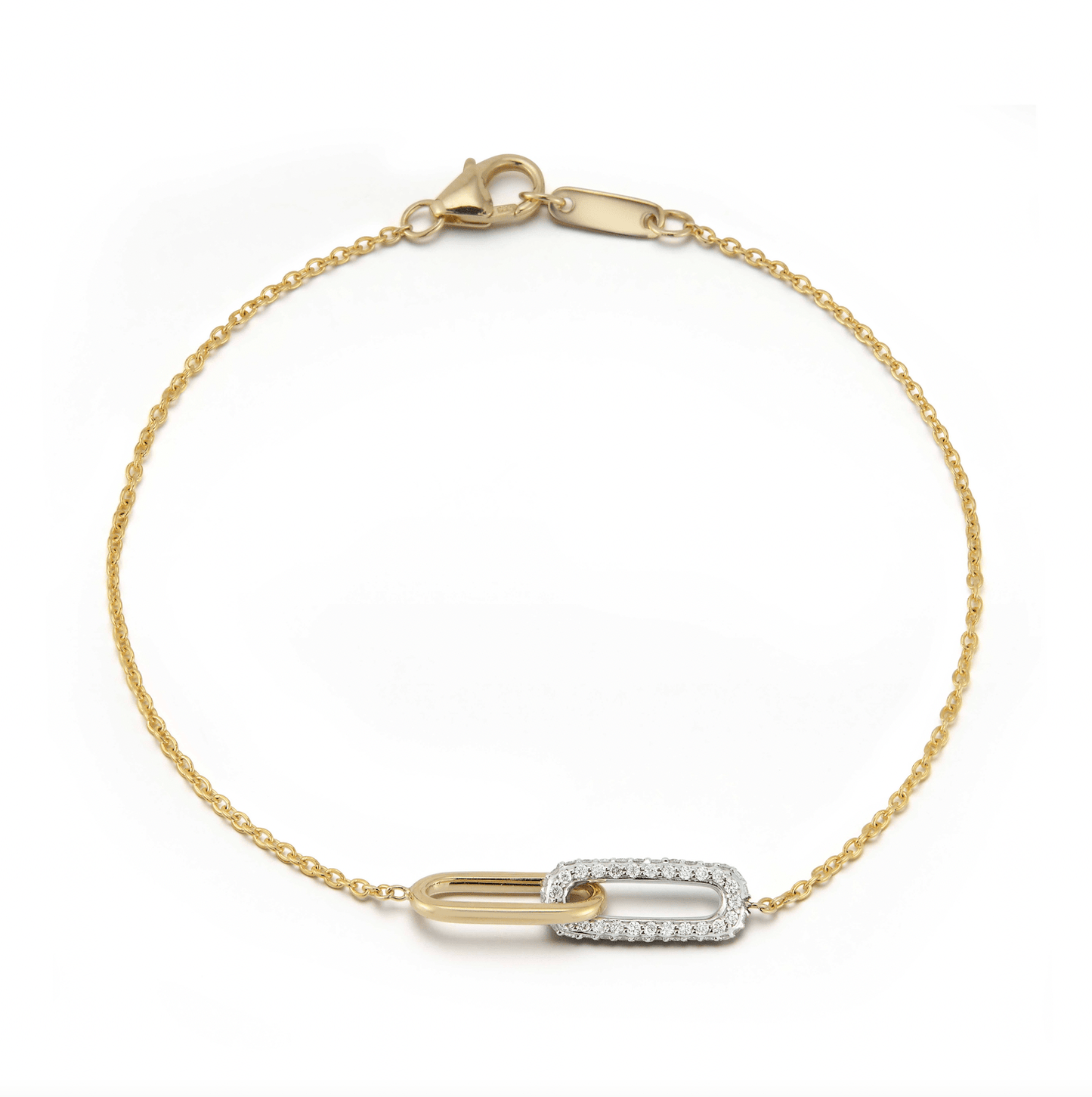 Delicate 14k gold bracelet by Laurenti featuring interlocking gold and pavé diamond links, total 0.24 carats.