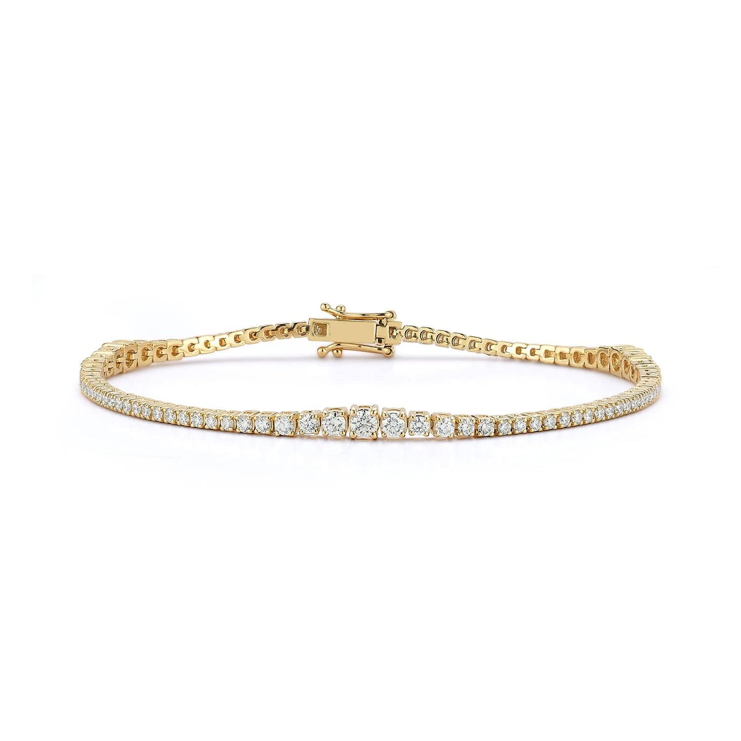 Laurenti 14k yellow gold diamond tennis bracelet with round brilliant-cut diamonds and secure clasp, displayed in a curved flat-lay.