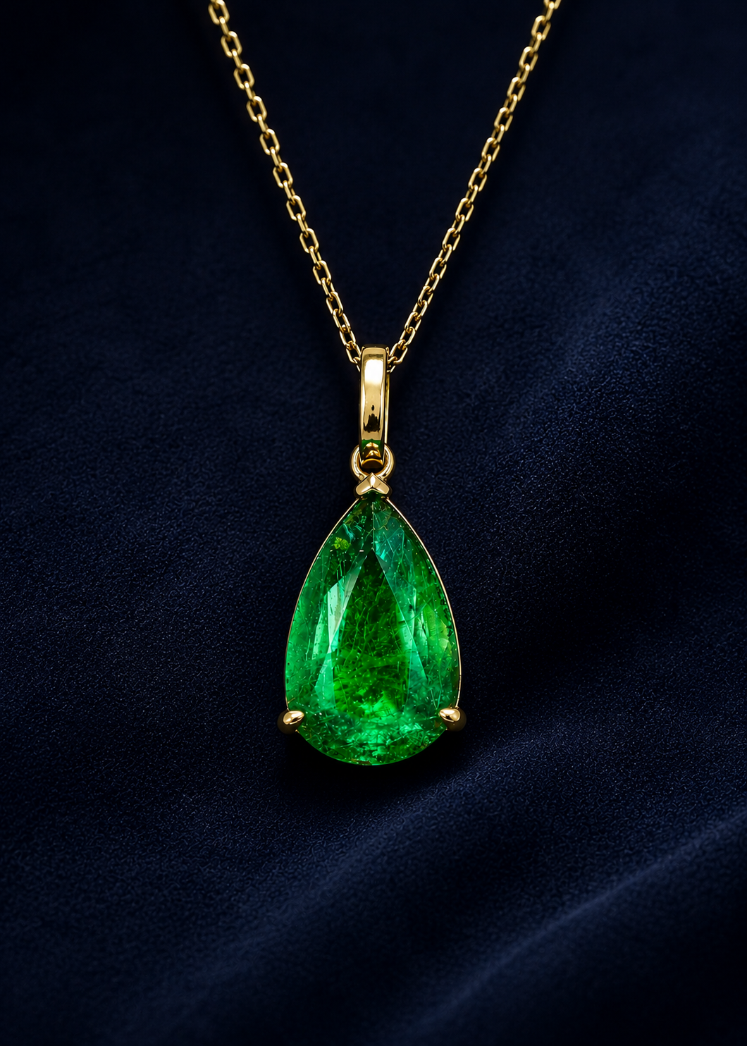 Emerald Pear Shape Diamond on a navy suede background. 