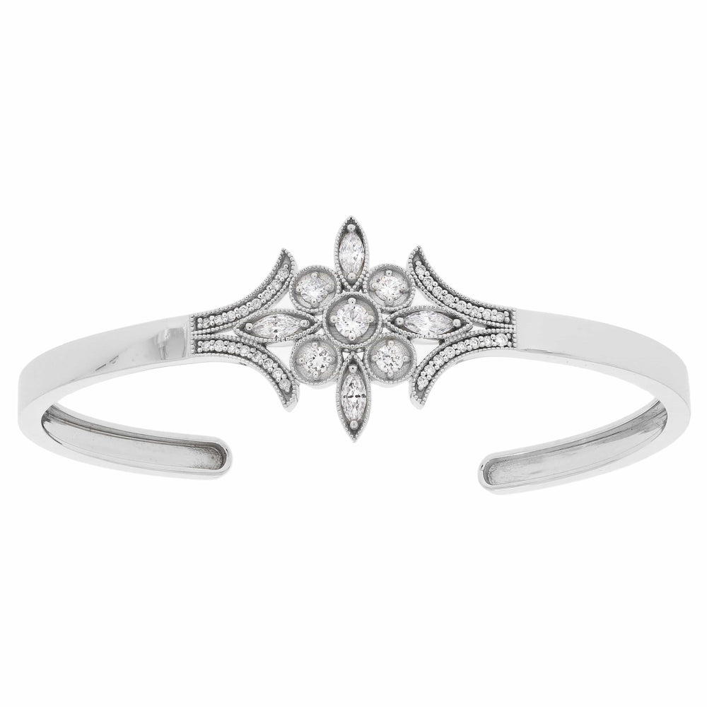 Laurenti Vela cuff bracelet in 14K white gold with lab-grown diamonds and vintage milgrain detailing.