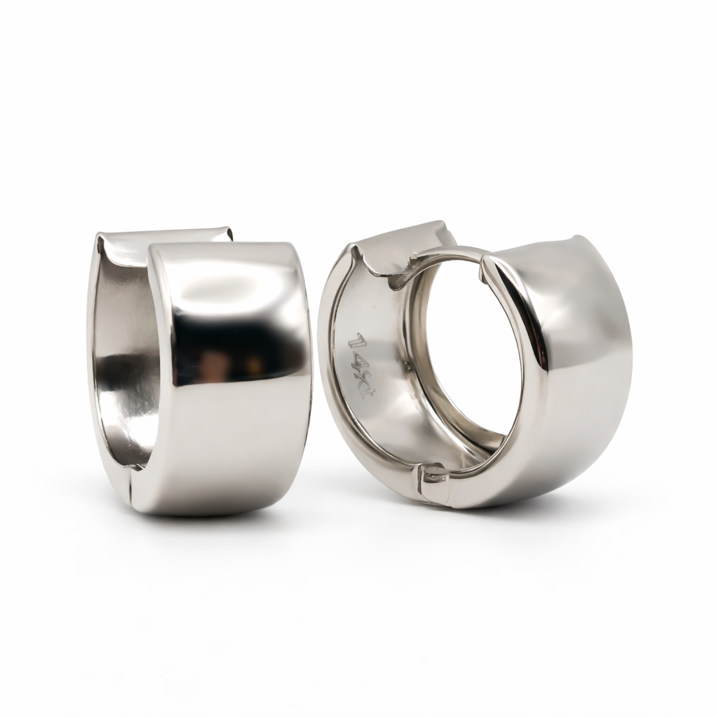 domed 14k white gold huggie earrings with hinge clasp