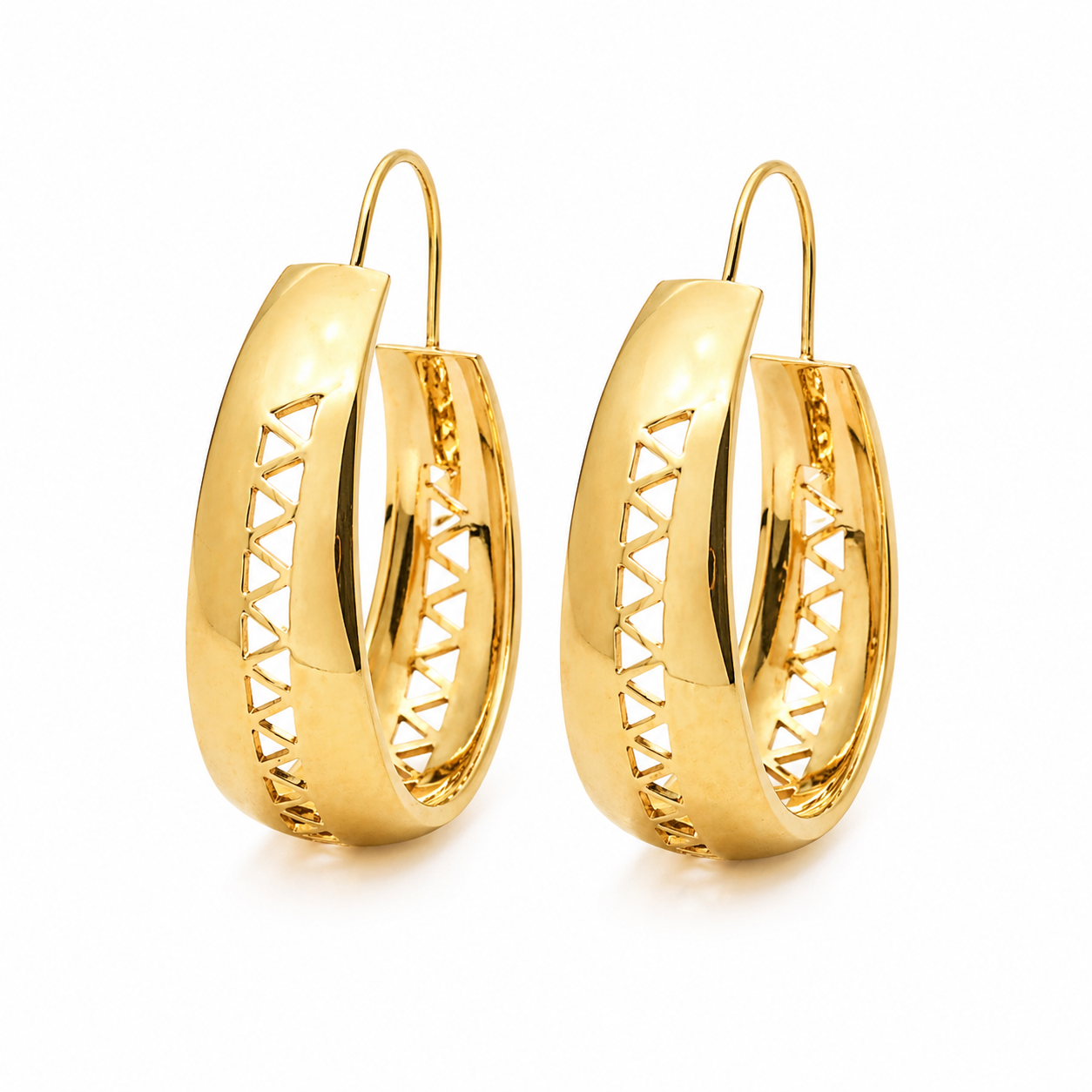 14K yellow gold hoop earrings with geometric cutout design, polished finish, front-facing on white background. 