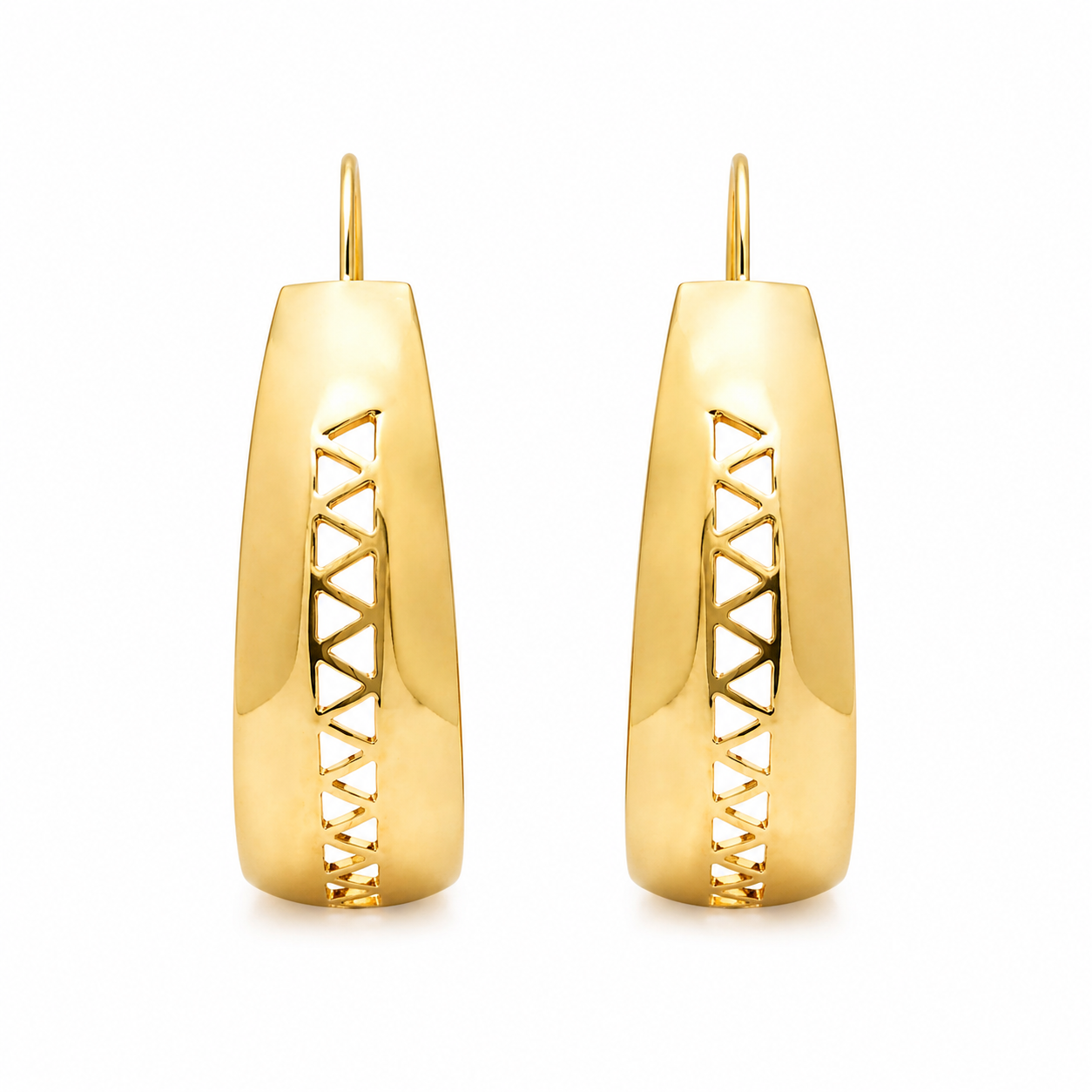 14K yellow gold hoop earrings with geometric cutout design, polished finish, front-facing on white background. 