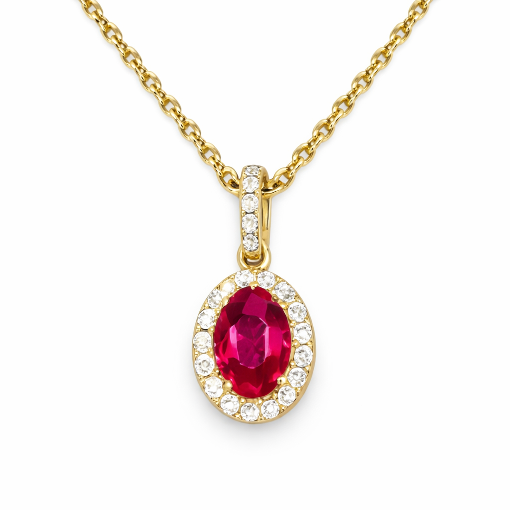1.50ct ruby pendant framed by natural diamonds in 14K gold. A refined halo design, crafted in New York for enduring wear. 