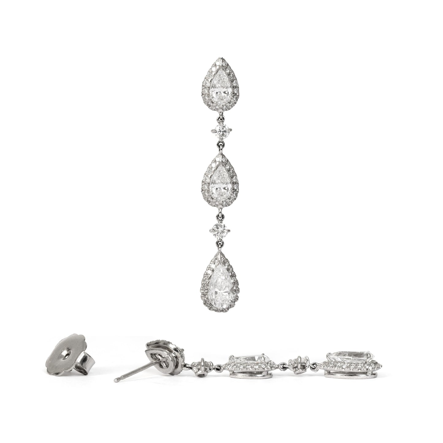 pear shape diamond drop earrings with pavé halo in 14k white gold featuring 4.88 carats natural diamonds