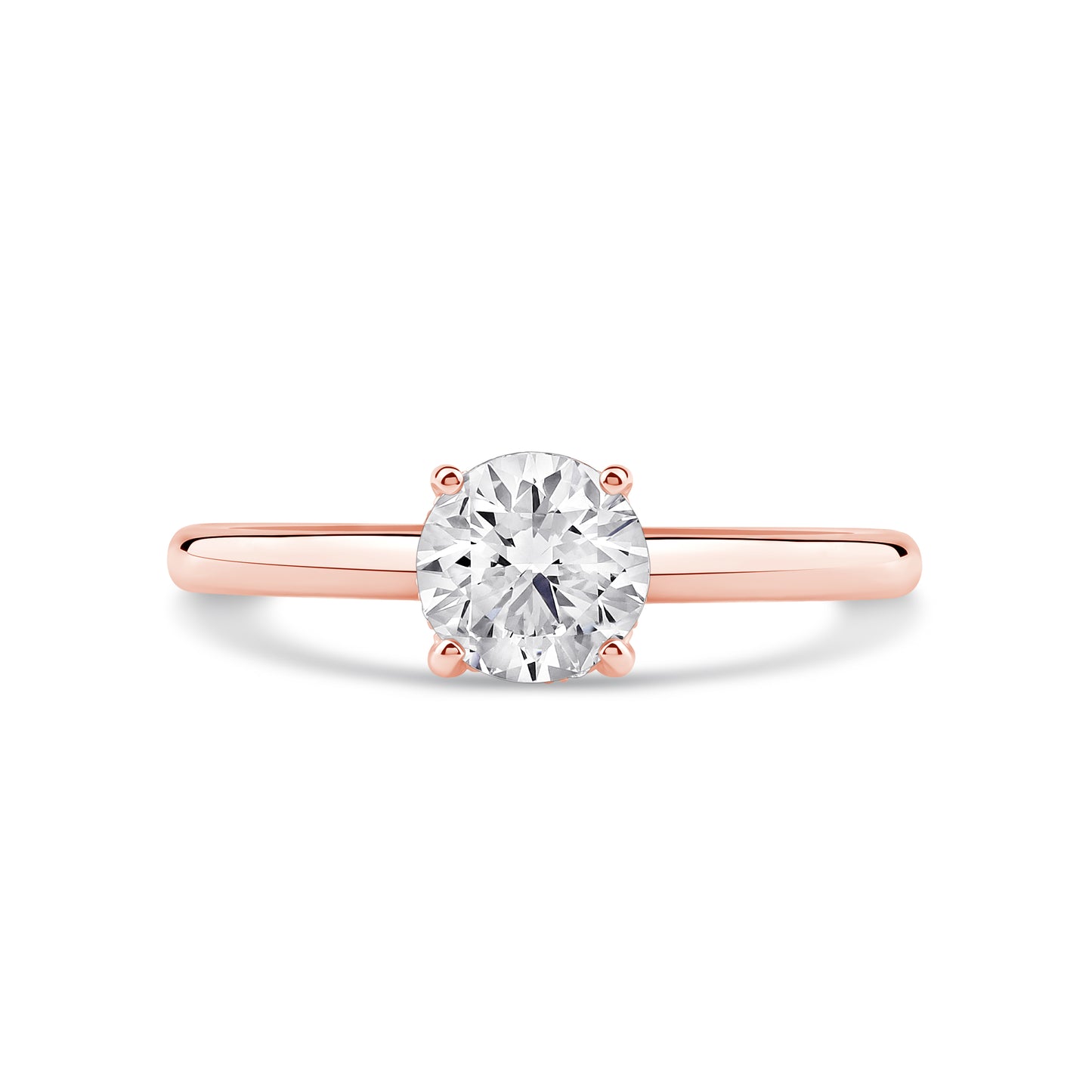 Rose gold ring with a diamond on a white background