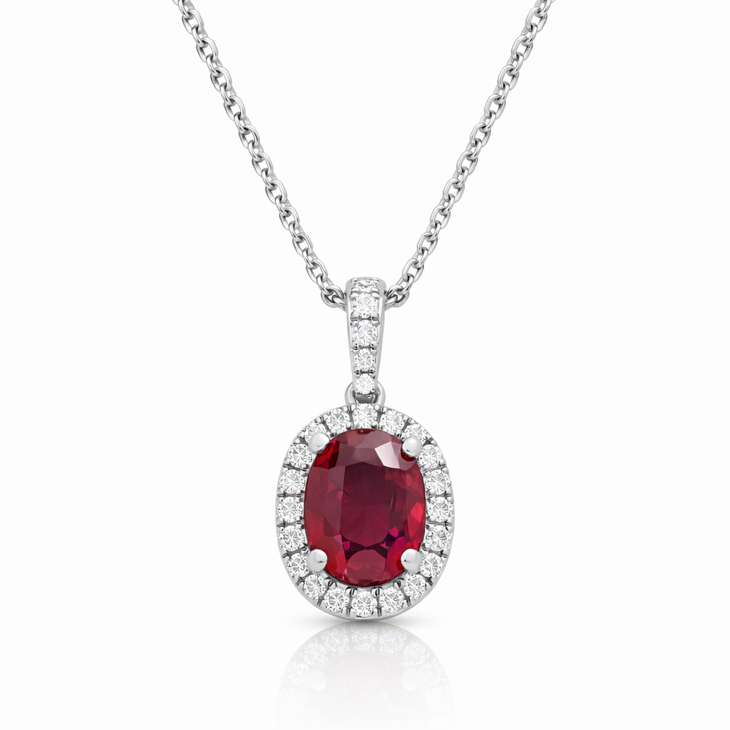 2 carat ruby and diamond halo pendant necklace in 18k white gold