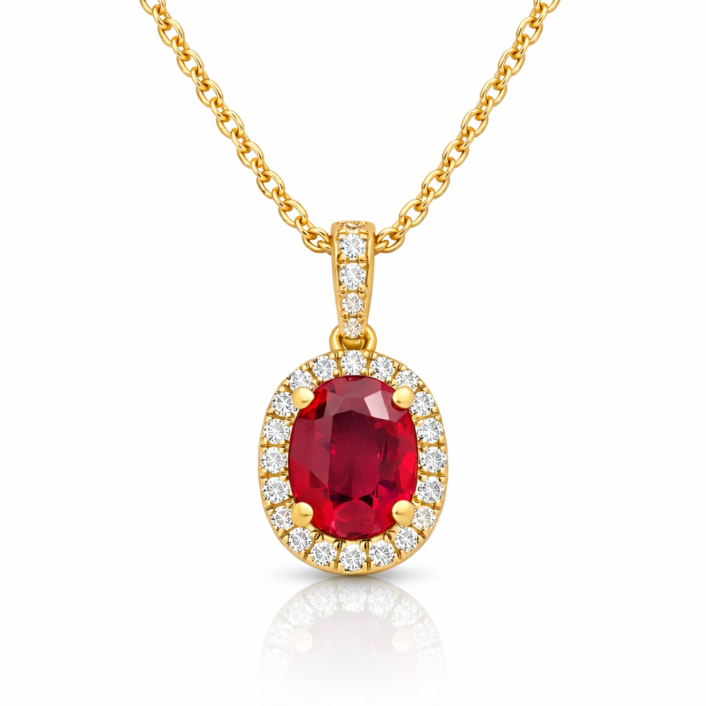 2 carat ruby and diamond halo pendant necklace in 18k yellow gold